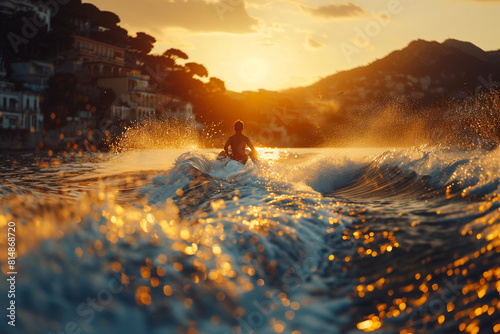 Wakeboarders catching air off wake waves behind a speeding boat, executing aerial maneuvers with skill .A man is water skiing on a wave at sunset with a beautiful afterglow in the sky