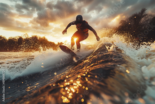 Wakeboarders catching air off wake waves behind a speeding boat, executing aerial maneuvers with skill .Man having fun surfing on a liquid wind wave, enjoying leisure time in nature