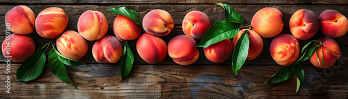 ripe peaches and green leaves arranged on a wooden wall