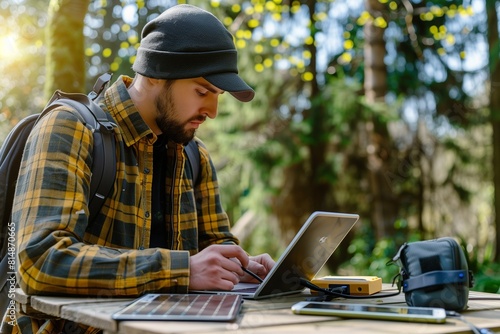 Man working on laptop in the woods.