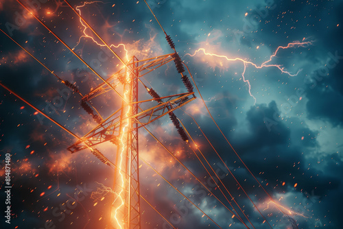 A power line is lit up with fire and is surrounded by a stormy sky