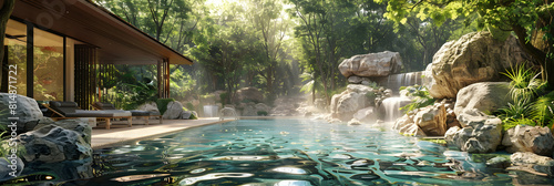 Photo realistic Wellness Retreat Concept: Youthful Springs A rejuvenating hot springs oasis for health conscious visitors seeking vitality and serenity in nature. Ideal for holis