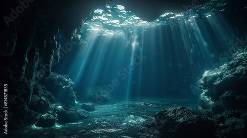 Deep ocean with water and sun light ray.