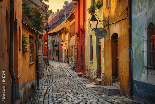A narrow cobblestone street with colorful buildings and a sign on the side