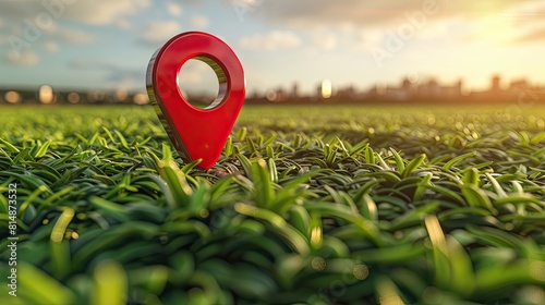 a red location icon positioned amidst a lush green field against a sunset sky background, serving as a digital illustration for site plans or map designs.