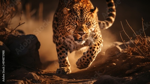 Leopard in pursuit of its prey, exhibiting impressive speed in the untamed savanna habitat
