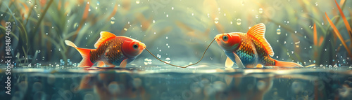 Two goldfish, one red and one orange, are swimming in a pond. The red fish is slightly larger than the orange fish. They are both facing each other.
