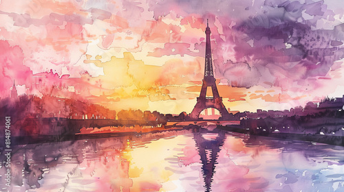 A painting of the Eiffel Tower with a sunset in the background
