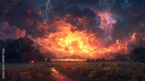 A digital painting of a thunderstorm over a rural landscape