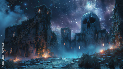A dark and mysterious castle, with a giant skull in the sky. The castle is in ruins, and the only light comes from a few torches. The atmosphere is one of gloom and foreboding.