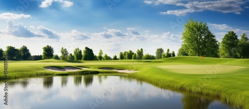 A beautifully manicured green expanse on a golf course with an inviting and serene ambiance ideal for golf enthusiasts. Copyspace image