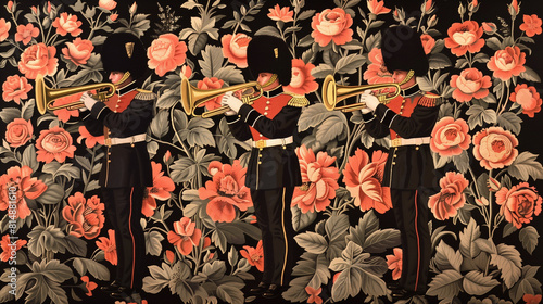 Intricate Floral Tapestry Illustration with Roses, Trumpets, and Bearskin Hats