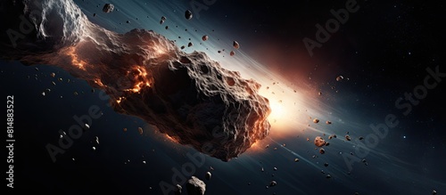 A fast falling asteroid in deep space alongside distant stars creates the opportunity for a meteor collision The presence of empty copy space allows for the addition of the editor s text