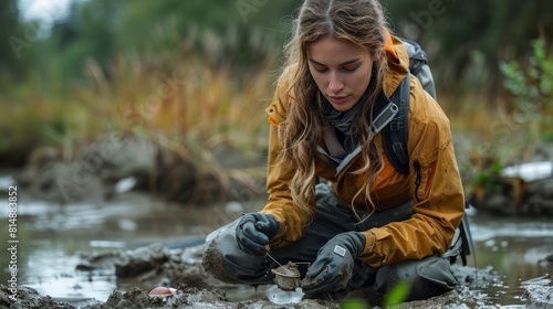 female archeologist uncovering evidence of early human settlement along a riverbank