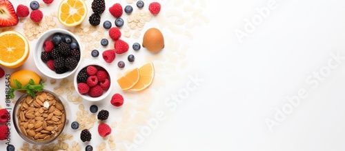The flat lay image displays a nutritious breakfast consisting of muesli fruits berries nuts coffee eggs honey and oat grains arranged on a white background It offers a top view and copy space for tex