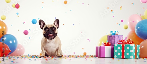 A French bulldog wearing a party cone sits near wrapped gifts on a white background creating a cheerful and festive copy space image