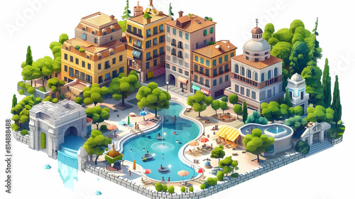 Isometric Flat Design Icons: Urban Thermal Springs Concept A Unique Relaxation Spot in the Heart of the City
