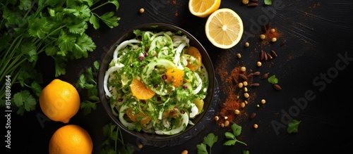 A top down view of a cabbage salad featuring oranges pistachios and parsley on a dark table providing ample copy space in the image