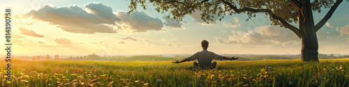 Peaceful Haven: A person in a peaceful countryside setting with eyes closed, arms extended, enjoying the beauty and tranquility of the rural surroundings.