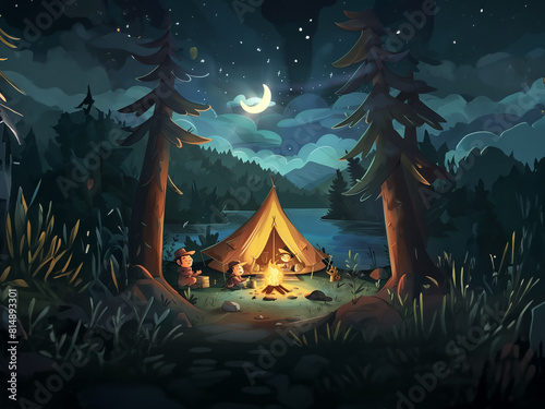 In this modern cartoon landscape, you can see a campsite, trees, a log and a bowler on fire in a summer camp in the forest. camping and outdoor activities.
