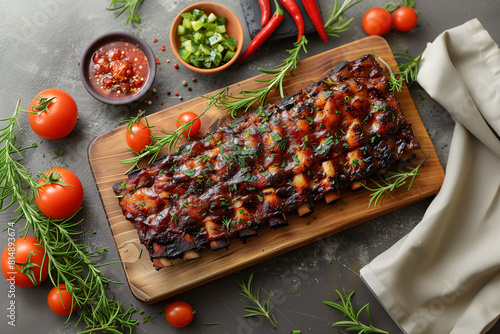 Barbecue ribs arranged on a cutting board with a stack of napkins .Wooden cutting board with ribs and tomatoes, perfect for a delicious meal