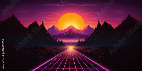 Paisaje de horizonte con rejilla de luces de neón, sol y montañas. Ilustración de ciencia ficción y futurista. Estilo retrowave, synthwave o vaporwave de los años 80