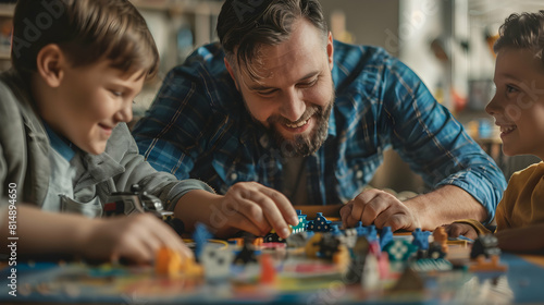 Portrait of Inclusion: Disabled Uncle Bonding with Nieces and Nephews, Playing Board Games and Spreading Joy, Family Game Night Fun and Togetherness Captured in Photo Realistic Con