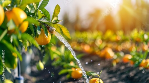 A person in yellow gloves watering orange fruit trees in a garden, with a focus on fresh, healthy agricultural practices.