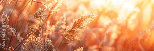 Reeds Sway On Wind And Sun Rays.Wild Grass Sway From Wind On Nature Sky.Reed In Meadow Sways.Grass Blowing On Nature Autumn Field.Fall In Herb Meadow On Pond Countryside.Nature Windy Day.Golden Sunset