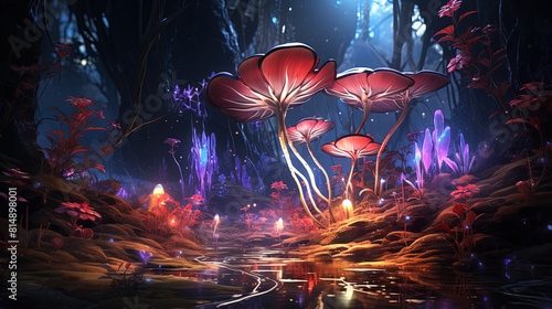 Luminous mushrooms in enchanted forest.