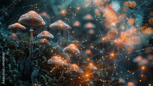 Mushrooms growing in a forest under the glow of bright lights, creating a surreal scene