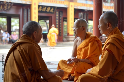 Buddhist monks seated on the ground in conversation.