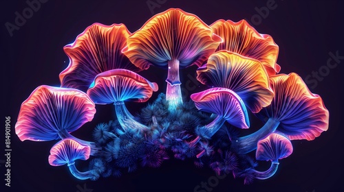 A group of vibrant mushrooms in various colors set against a black background