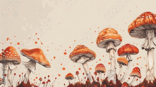 A painting of mushrooms delicately illustrated on a beige background