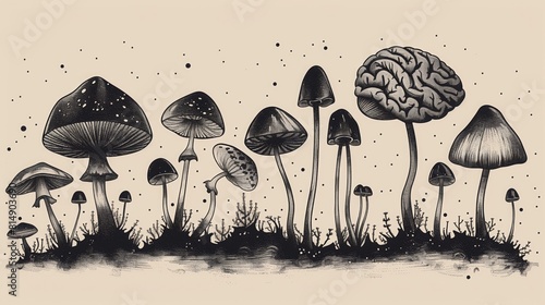 A black and white drawing featuring mushrooms and brains intricately intertwined, showcasing the delicate connection between nature and the human mind