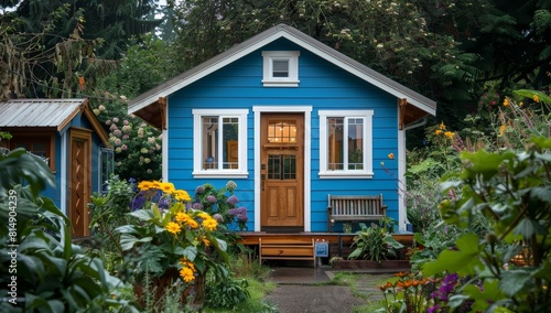 Small, bright blue tiny house with white trim and a wooden front door stands in the center.