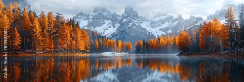 Reflection of autumnal larches and firs on Lake Antorno, with Cadini di Misurina in the background, Dolomites, Italy realistic nature and landscape