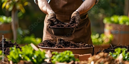 Transforming organic waste into compost to promote environmental sustainability and enrich soil. Concept Composting, Waste Reduction, Soil Enrichment, Environmental Sustainability, Organic Gardening