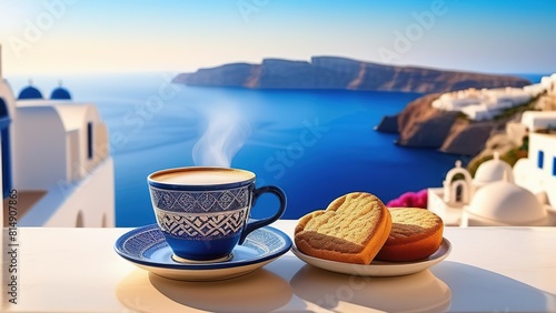 Traditional Greek coffee on the balcony with a beautiful Greek Mediterranean city in the background, A cup of coffee or tea on a blurred background of the evening Greek seascape