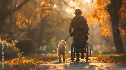 Empowering Image of Woman with Cerebral Palsy and Dog Enjoying Park Stroll, Promoting Exercise Benefits and Bond Between Owner and Pet