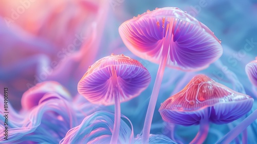 Colorful psychedelic mushrooms blend with abstract shapes on a vibrant purple background