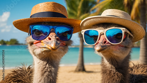 Cartoon ostrich with glasses and hat on the beach vacation