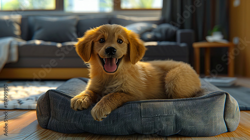 A dog sitting on a pet bed.
