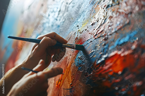 a person's hands painting a landscape or abstract artwork on a canvas, suitable for illustrating creativity, expression, and artistic pursuits 
