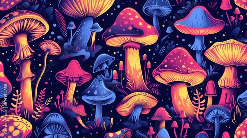 Seamless pattern of vibrant colorful mushrooms on a dark background