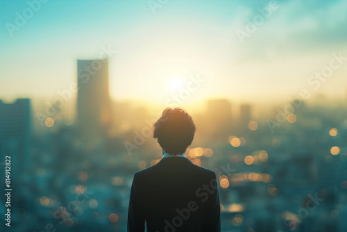 A businessman in a suit looks at the sunrise, gazing at the city skyline with skyscrapers reaching towards the clouds, symbolizing ambition and career success