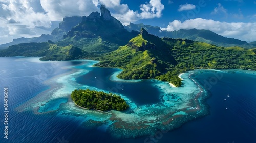Tropical Paradise Aerial View of Azure Blue Lagoons and Motus among Bora Boras Volcanic Island