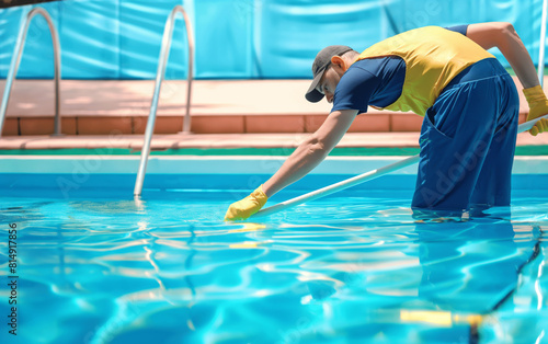 Man cleaning the pool with vacuum. Cleaning pool service