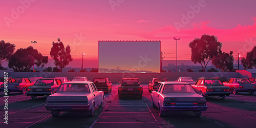 American drive-in with cars lined up in front of an outdoor cinema screen