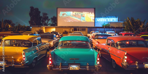 American drive-in with cars lined up in front of an outdoor cinema screen
